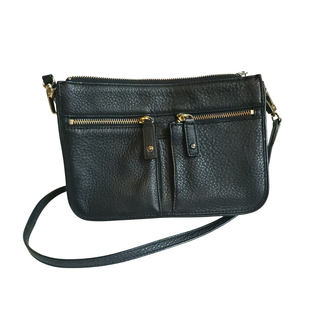 Talbots Black Pebbled Leather Crossbody Bag Gold Tone Classic Quiet Luxury Purse
